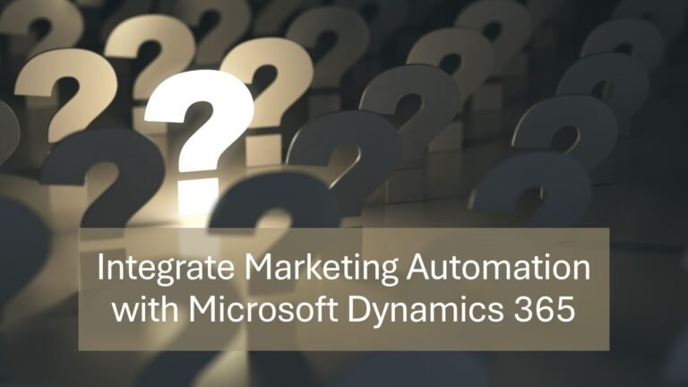 A group of numerous question marks, one brightly lit, stands in the background. The foreground displays text that reads Integrate Marketing Automation with Microsoft Dynamics 365 for smarter Marketing CRM Software solutions.