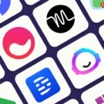 A grid of diverse app icons that represent the various AI tools available for social media marketing.