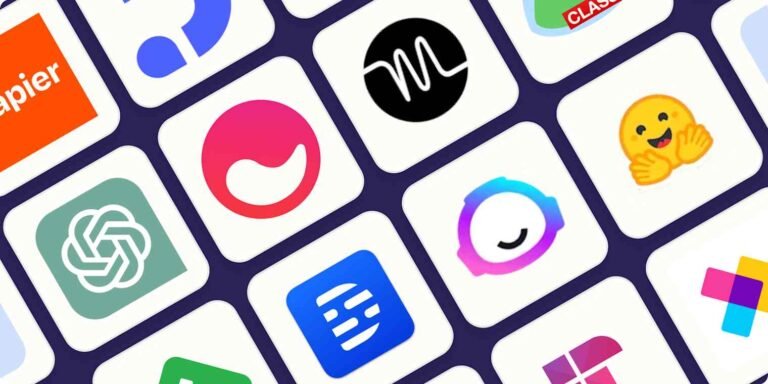 A grid of diverse app icons that represent the various AI tools available for social media marketing.