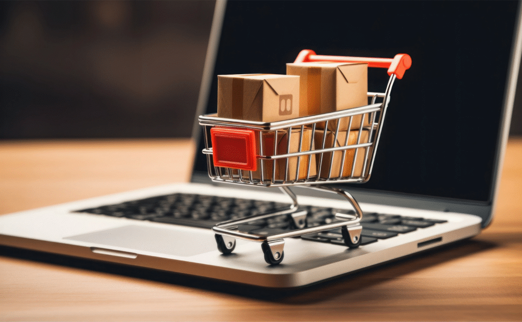 Visual representation highlighting the income of a successful e-commerce business, featuring online shopping elements like a storefront, mobile phone, credit card, and shopping cart.