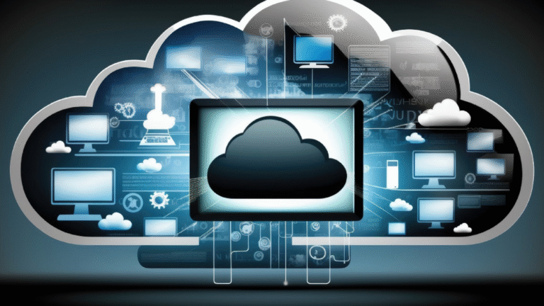 Abstract depiction of a cloud filled with interconnected digital screens and data, symbolizing cloud computing technology.