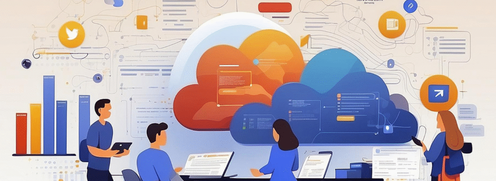 People working with cloud-based systems and data, demonstrating the AI cloud business management process.